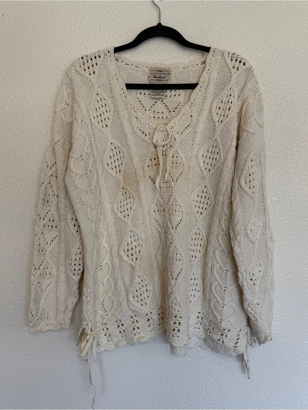 Yarnworks Vintage XL Handmade Cable Knit Sweater in Cream Ramie Cotton Cottage